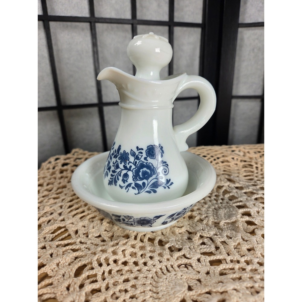 Vintage Avon Milk Glass Pitcher and Bowl Set Blue Floral Vanity Decor